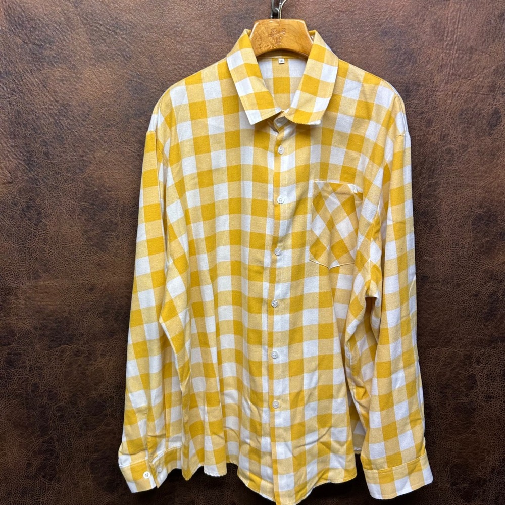 Yellow White Plaid Long Sleeve Plus 3XL Button Down Spring Summer Flannel Picnic